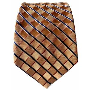 Roundtree & Yorke Trademark Mens Tie Made USA Pumpkin Navy 100% Silk Hand Sewn